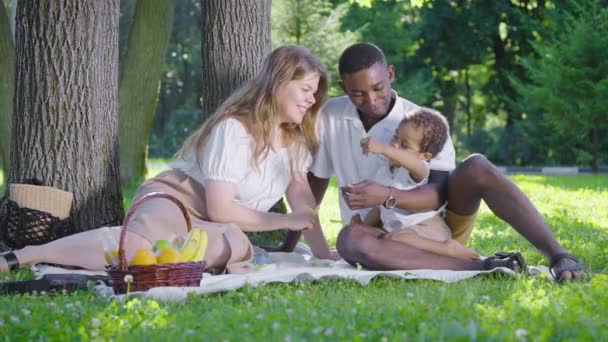 Zwarte vader, eerlijke moeder en mestizo kind in het park. Gelukkige familie op een picknick in het park. Vreugde. — Stockvideo