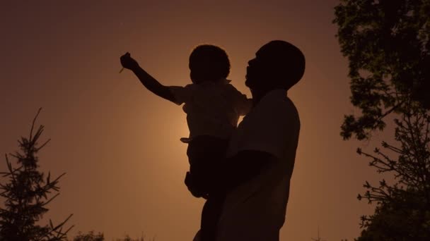 Silhouette di padre e figlio al tramonto. — Video Stock