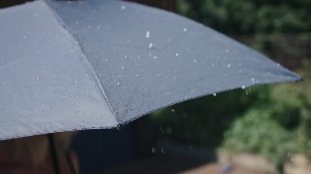 Летний дождь в солнечный день. Капли воды стекают с поверхности серого зонта. — стоковое видео