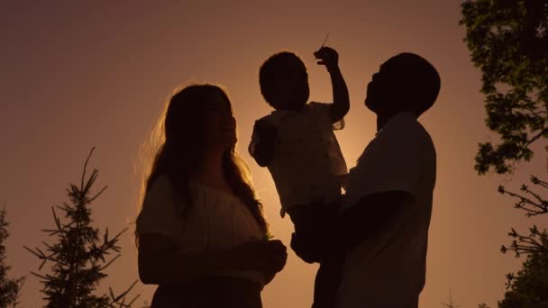 Gün batımında tüm aile. Baba ve oğul siluetleri, aile birlikte mutlu.. — Stok video