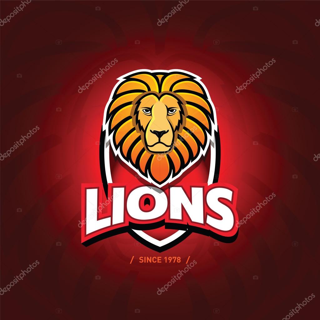 'Lions' sport team logo template. Lion head on the shield. T-shirt graphic, badge, emblem, sticker. Vector illustration.