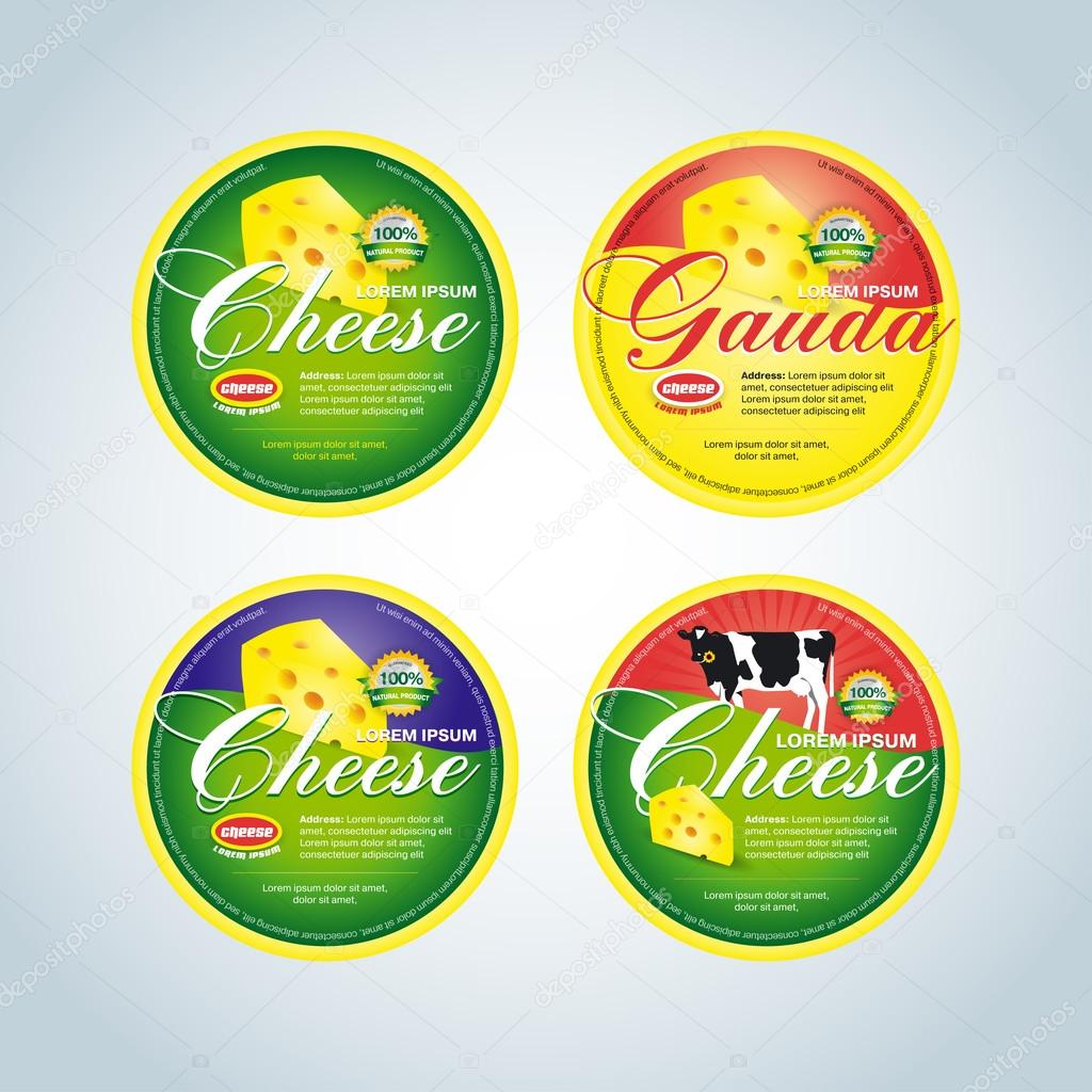Cheese labels templates design set. Four round cheese labels. Vector illustration.