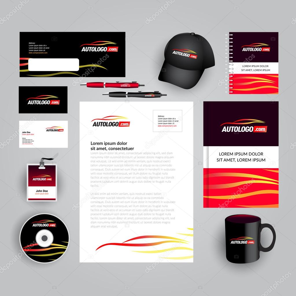 Auto corporate identity template. Car company template in black and red colors. Vector company style for brandbook and guideline. Auto service, car repair, car business company identity.