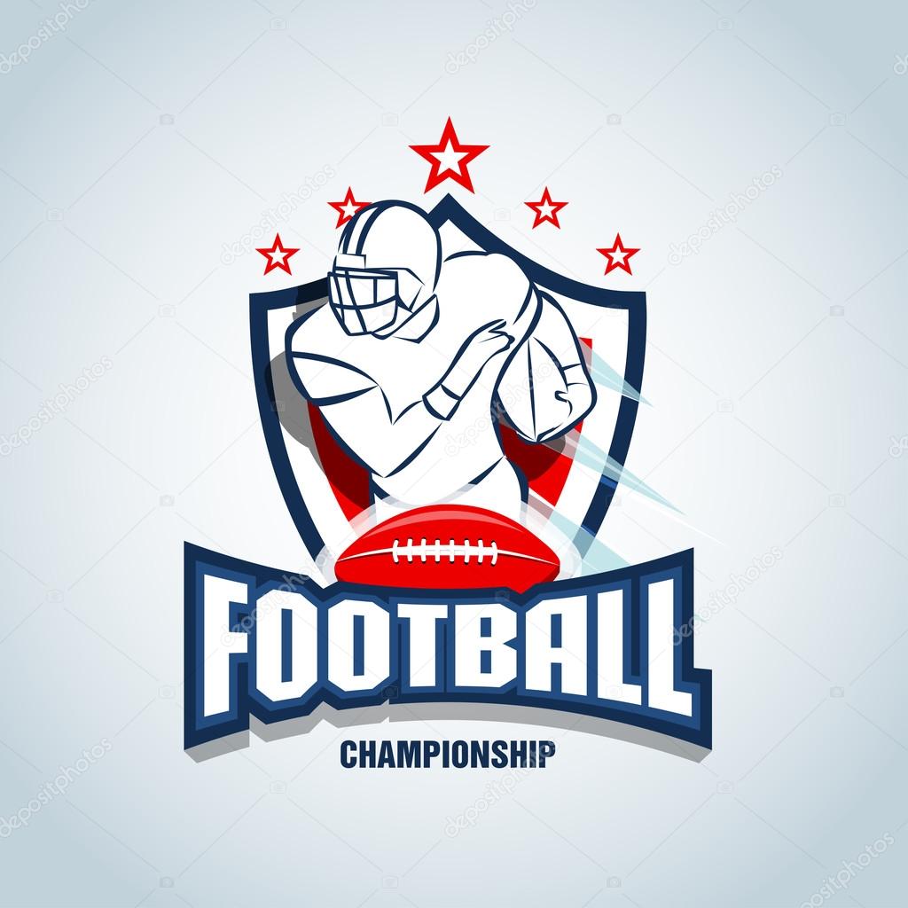 American football logo template, badge, t-shirt, label, emblem. Red, dark blue color version. Logotype Vector illustration.