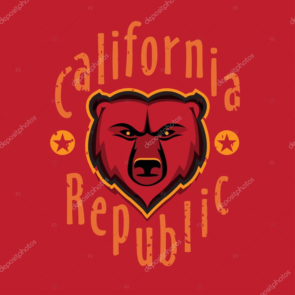 California Republic apparel t shirt fashion design, Grizzly Bear Head graphic, typographic art, ink drawing vector illustration, Golden state west coast travel souvenir. Wall Decor