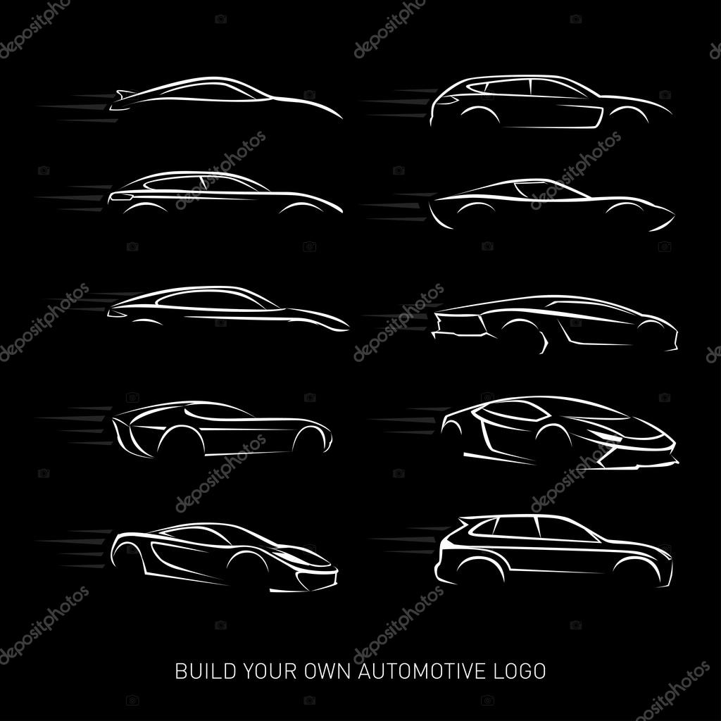Cars logotypes Silhouette - car service and repair, vector set. Cars logos. Isolated vector illustrations. Black and white version.