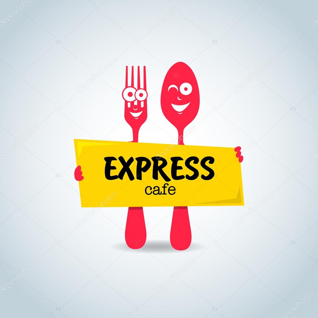Fast food, express cafe logo template. Yellow and red color. Fork and spoon cartoon characters, food theme logotype vector template.