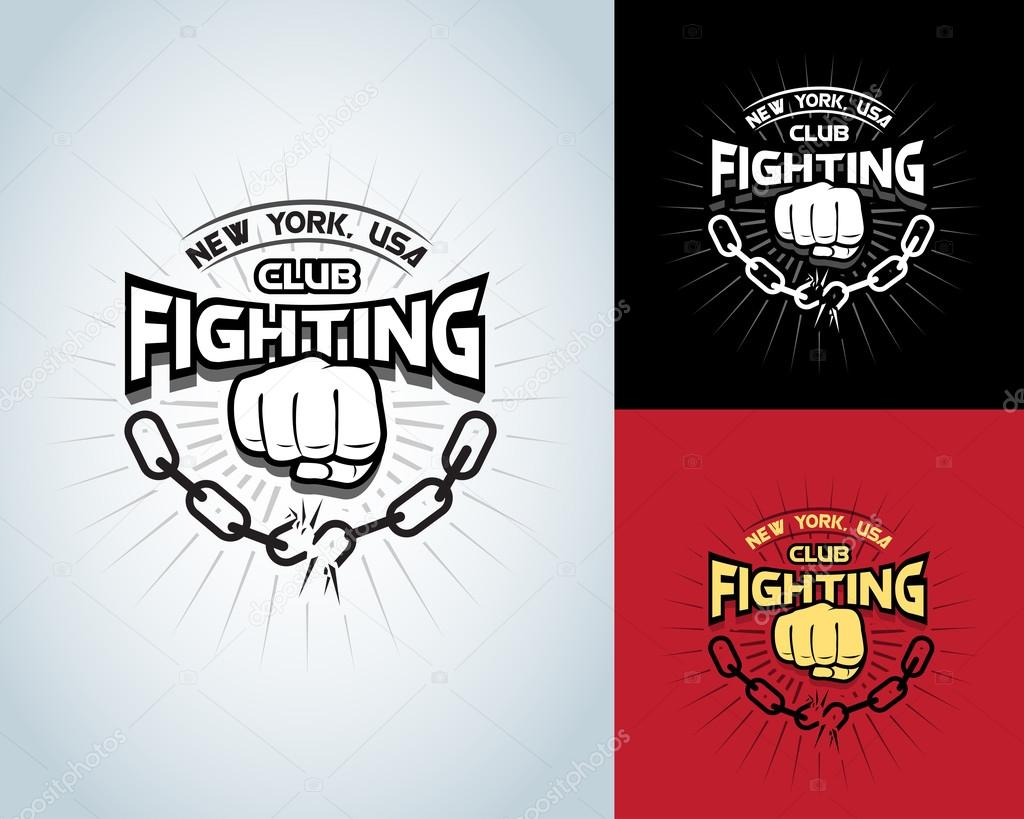 Fighting t-shirt design, logotype, boxing monochrome vector label , badge , logo for hipster flyer, poster or t-shirt print with fist, broken chain and text.