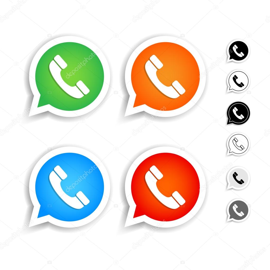 Green, orange, blue, red phone handset in speech bubbles vector icons set. Black and white versions. Isolated vector illustrations.