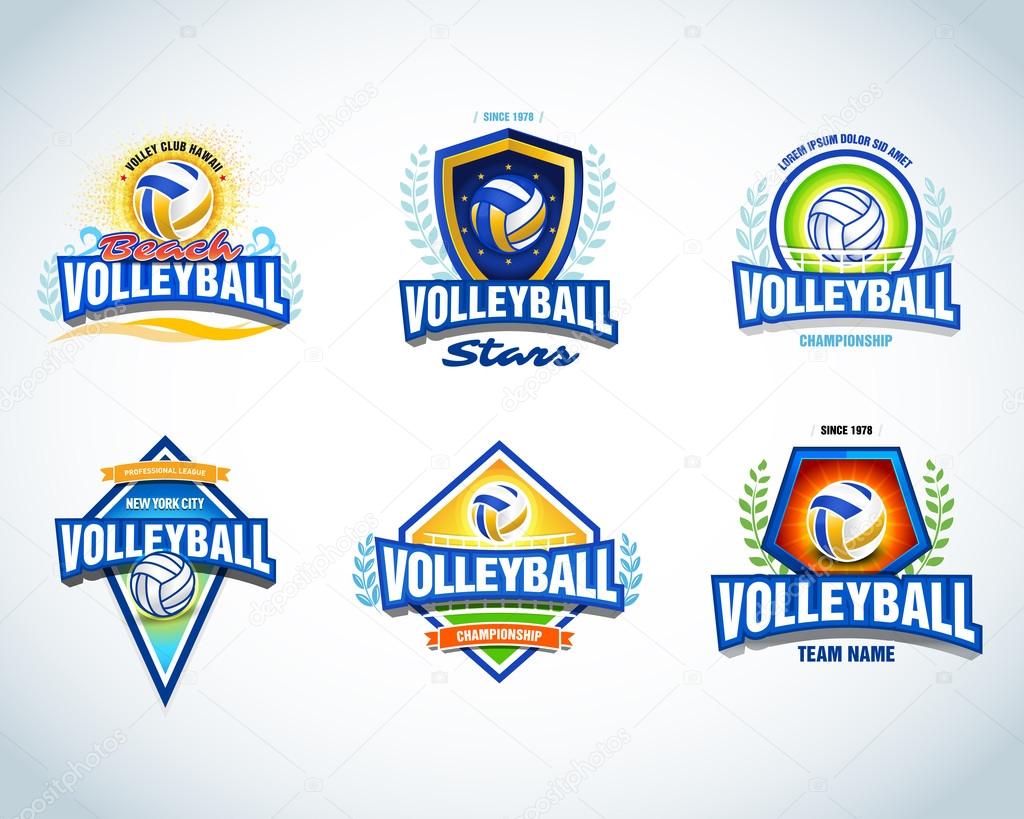 Volleyball logo templates set. Volleyball emblem, logotype template, t-shirt apparel design. Volleyball ball. Sport team badge for tournament or championship. Vector set