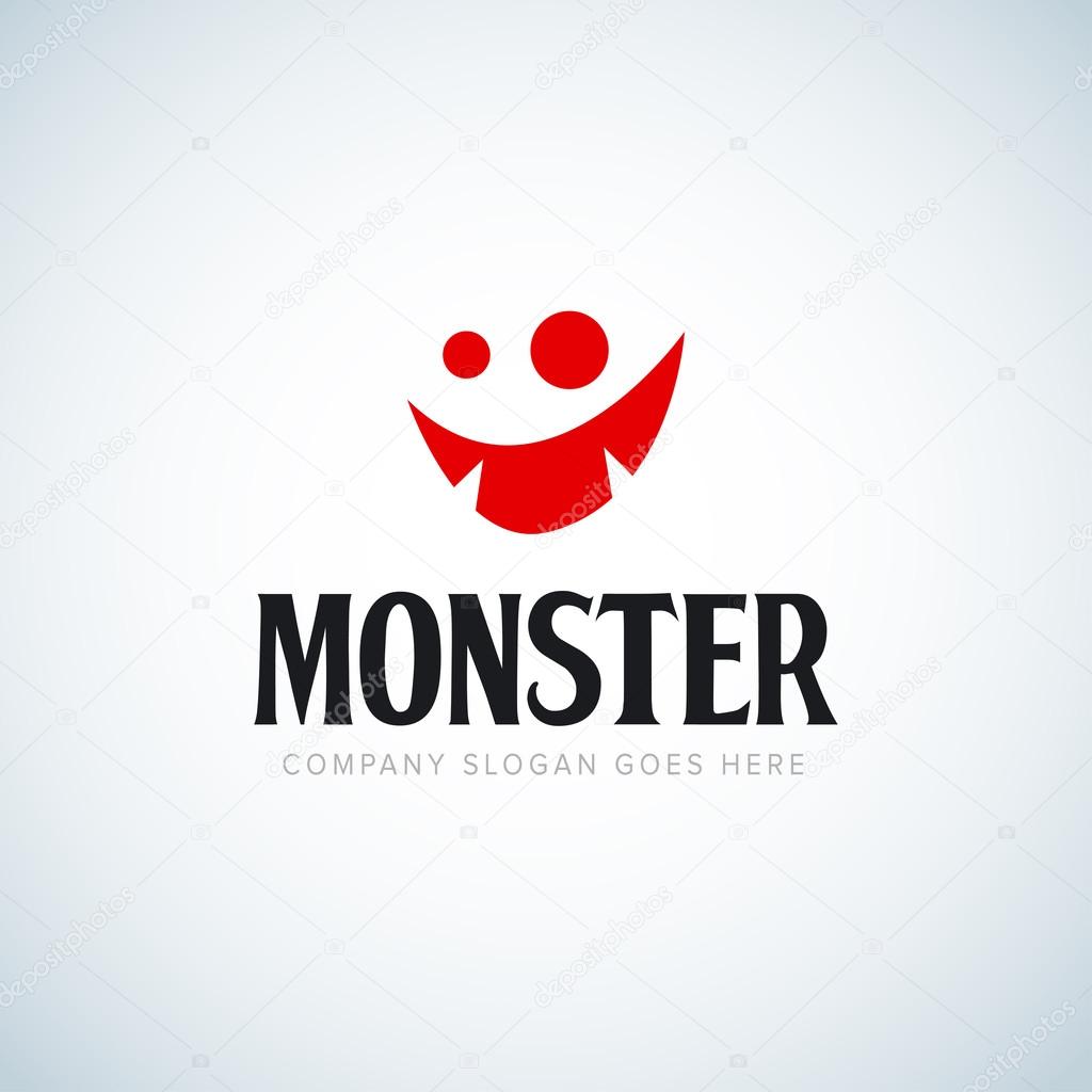 Monster face logo icon. Monster logotype. Open mouth with teeth. Fantasy character mascot. Comic hero. Red Monster icon.