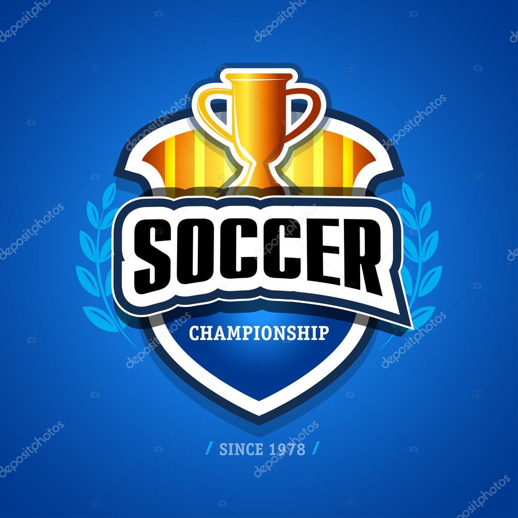 Soccer, football logo. Yellow, gold and dark blue soccer football badge logo design template, sport logotype template. Soccer Themed T shirt. Football logo. Vector illustration.