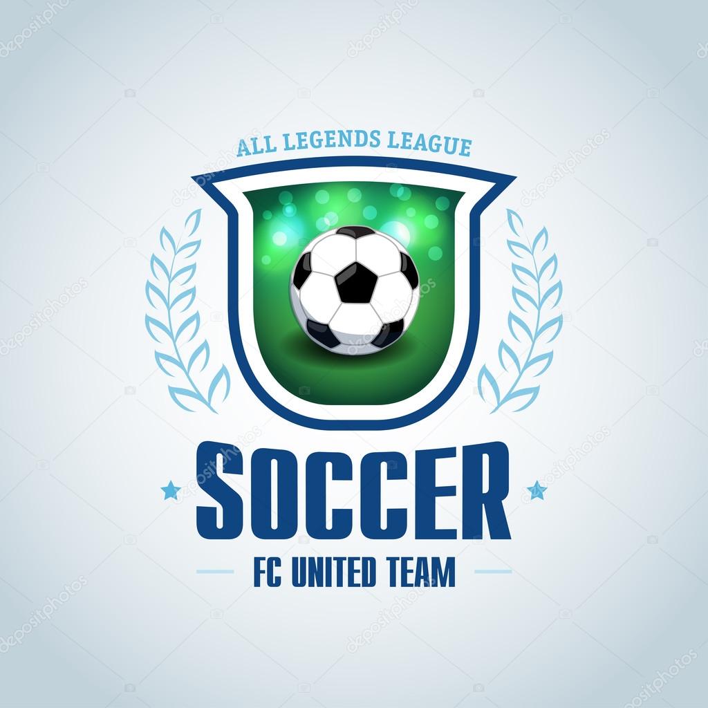 Soccer logo. Green and dark blue soccer football badge logo design template, sport logotype template. Soccer Themed T shirt. Football logo. Vector illustration.