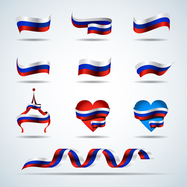 Russia flags, tricolor russian ribbons 