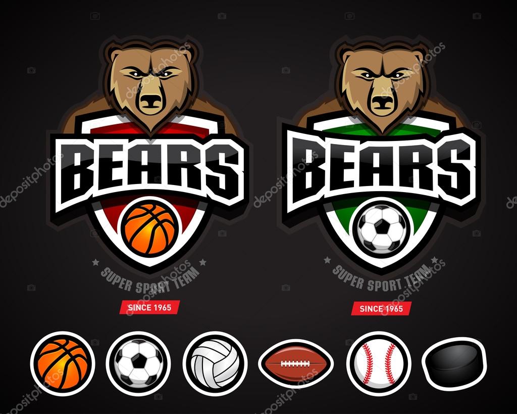 Bears sport logos team template logotype constructor for basketball, soccer, volleyball, american football, baseball, hockey. Bear mascot. Vector illustration.