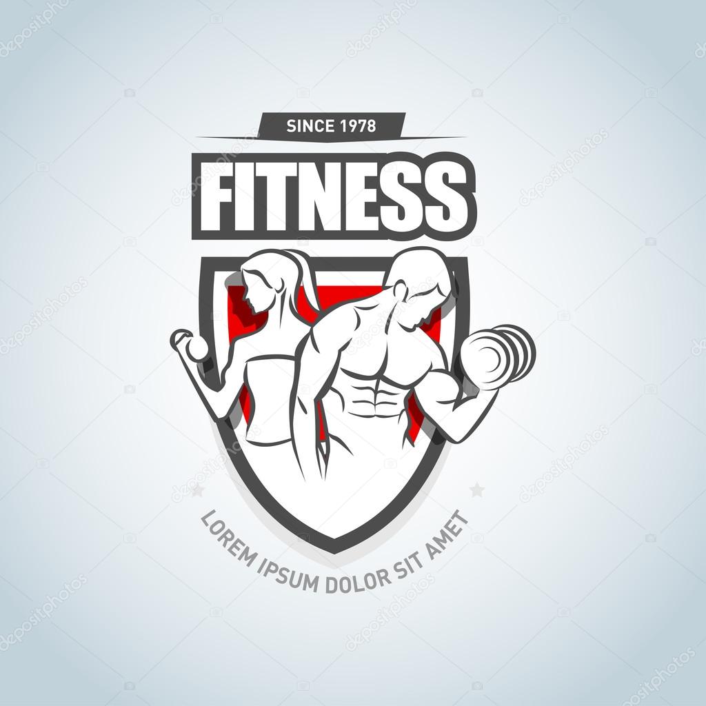 Man and woman Fitness logo template. Gym club logotype. Sport Fitness club creative concept. Bodybuilder and woman Fitness Model Illustration, Sign, Symbol, badge.