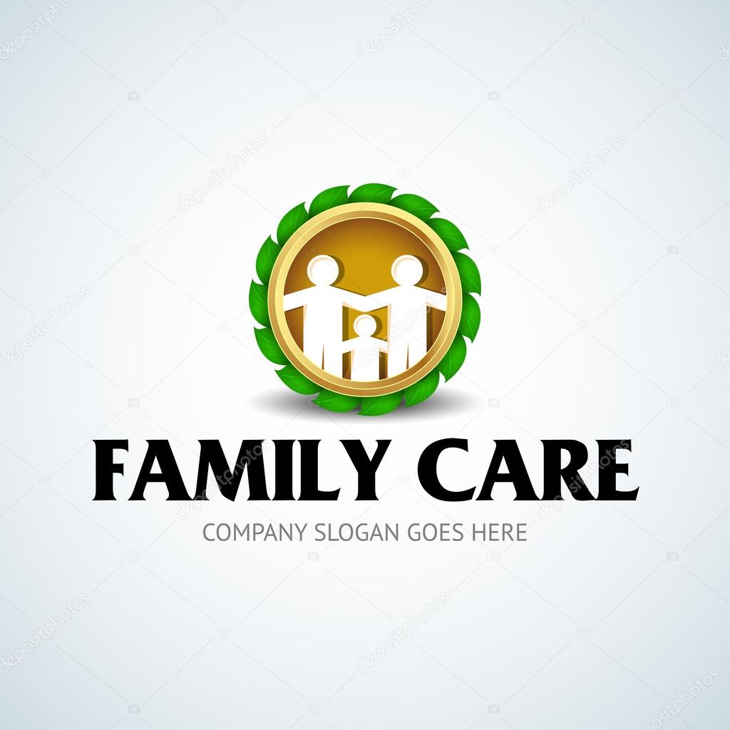 Family care gold logo with green leaves, medal, emblem, love family,family logo, isolated vector logo template.