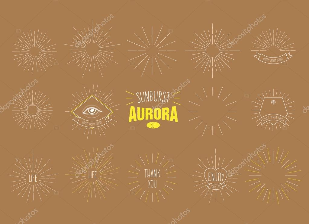'Sunburst Aurora' Set of Retro Sun burst shapes for your next vintage design project. Collection of Sun ray frames vector design elements.Handmade quality illustration. Color version