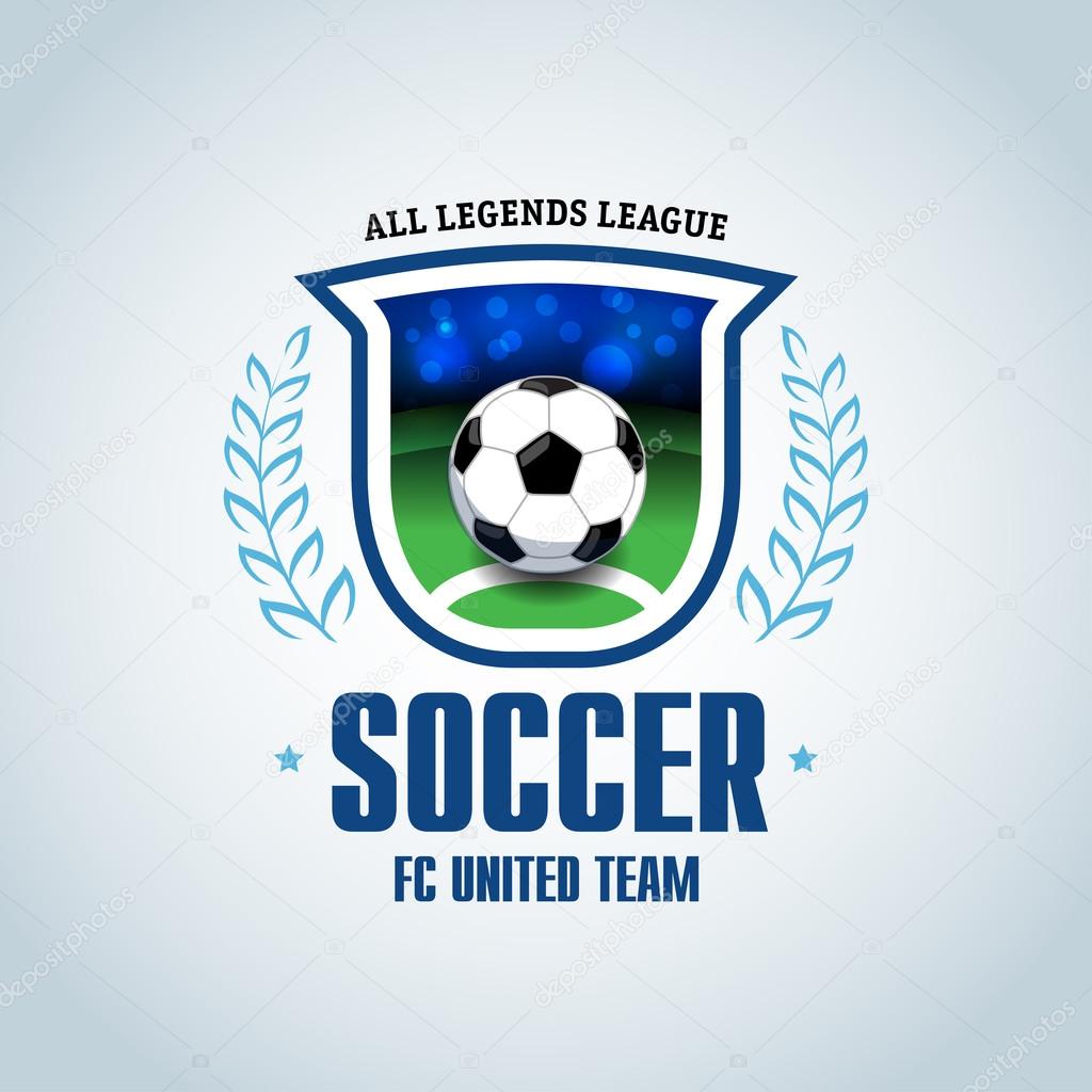 Soccer logo. Green and dark blue soccer football badge logo design template, sport logotype template. Soccer Themed T shirt. Football logo. Vector illustration.