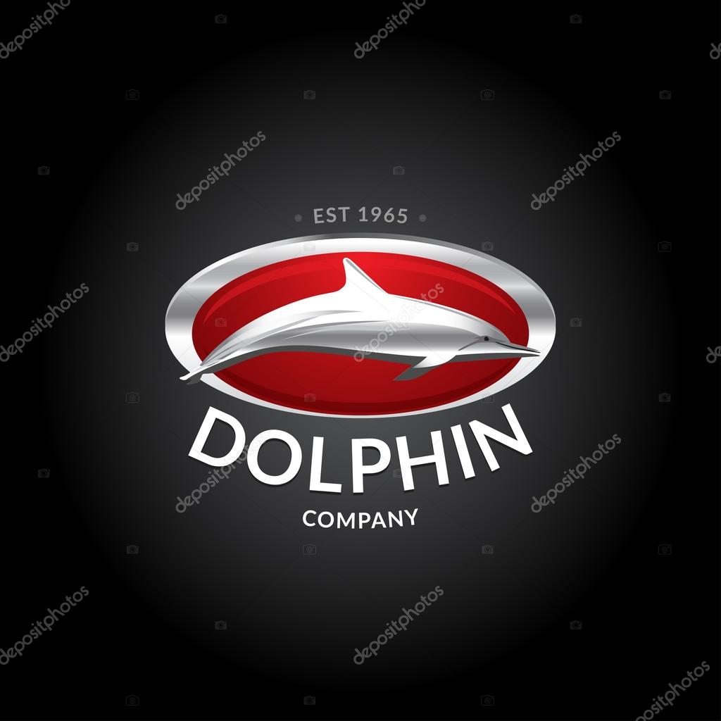Dolphin logo template. Silver dolphin logotype on deep red background. Badge, t-shirt design, vector illustration for company and business.