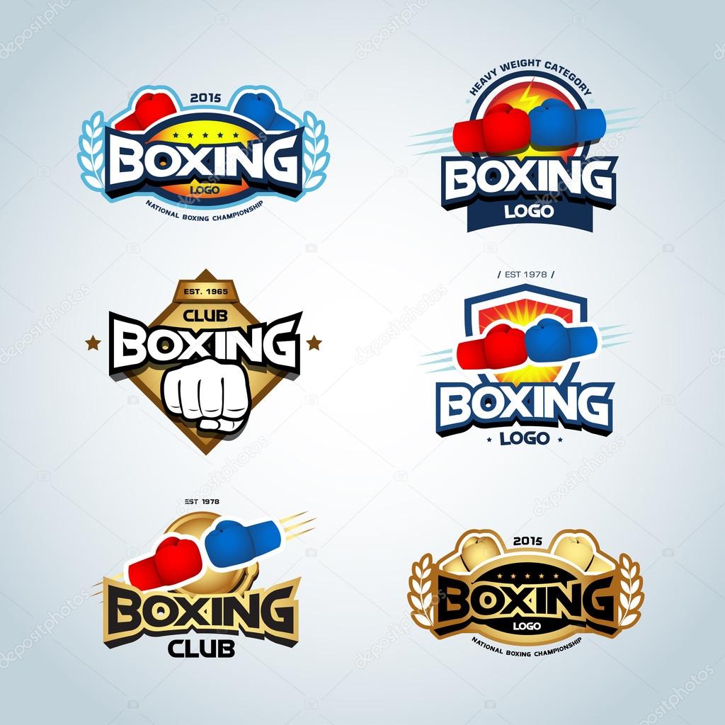 Boxing logo templates set. Red, blue and gold colors. Boxing club logotype. Boxing shields, emblems, labels, badges, t-shirt design, boxing, fight theme. Vector illustrations.