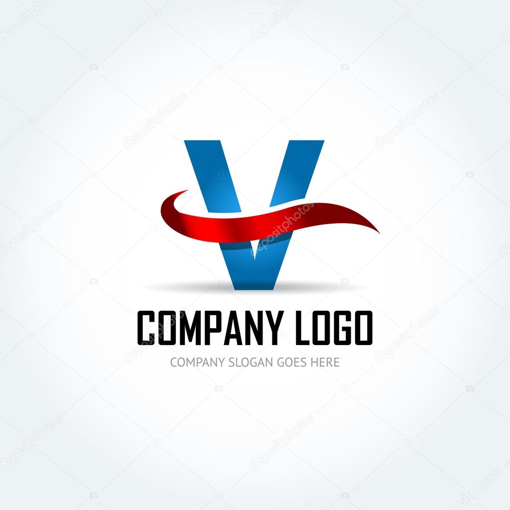 Blue Letter V  with red ribbon logo icon design template elements - Illustration. Letter C logo icon design - vector sign. Isolated vector illustration.