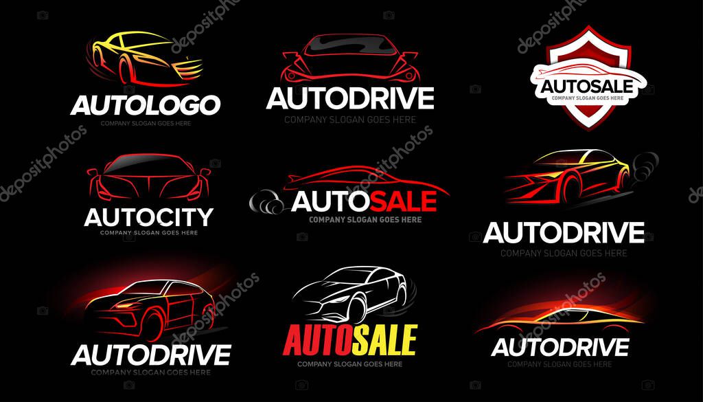 Automotive Car Logo Template Design set. Auto car dealer logo design with concept sports vehicle icon silhouette on black background. Vector illustration.