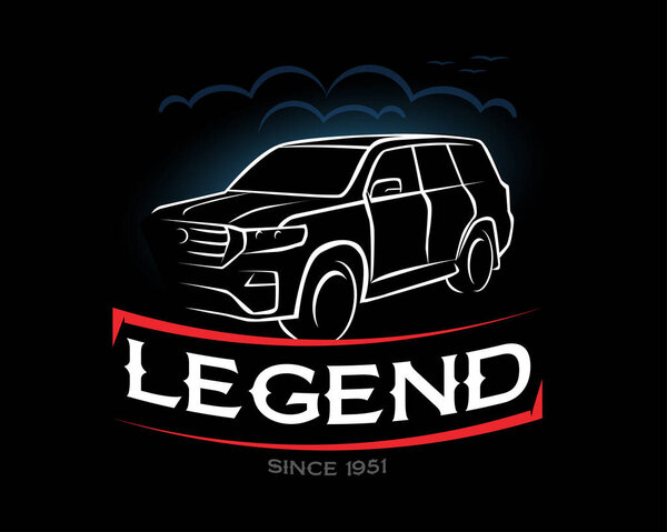 Legend t-shirt, since 1951. Toyota, Land Cruiser 200 vintage art. Offroad SUV car, , Hand drawn sketch, retro badge, typography design t-shirt print, vector illustration .