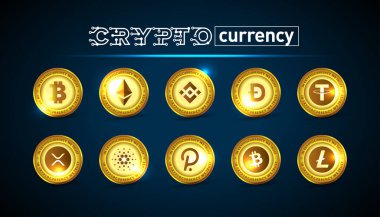 Kripto üstteki altın sikkeler: Bitcoin (BTC), Ethereum (ETH), Binance coin (BNB), Dogecoin (DOGE), Tether (USDT), XRP (XRP), Cardano (ADA), Polkadot (DOT), Bitcoin cash (BCH), Litecoin (LTC)). 