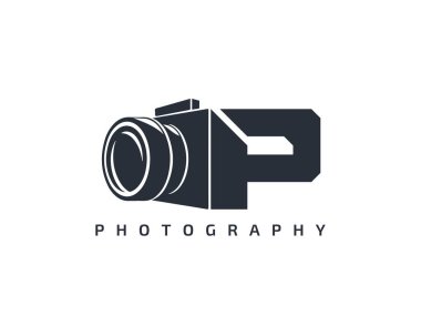 P harfi kamera logo şablonu. Beyaz arkaplanda kamera logosu simgesi. Moda tasarım logo kamerası.