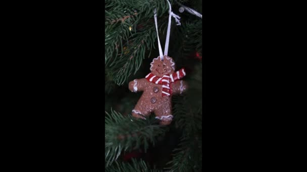 Traditional christmas gingerbread cookies with ginger on a wooden stand. In a glass cup, milk. Christmas tree branch with garland decoration. — Stock Video