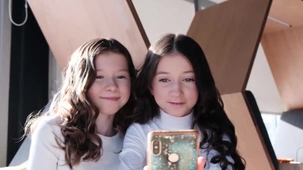 Leuke kleine meisjes maken selfie foto op smartphone. — Stockvideo