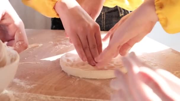 Crianças preparam pizza com um chef profissional. — Vídeo de Stock