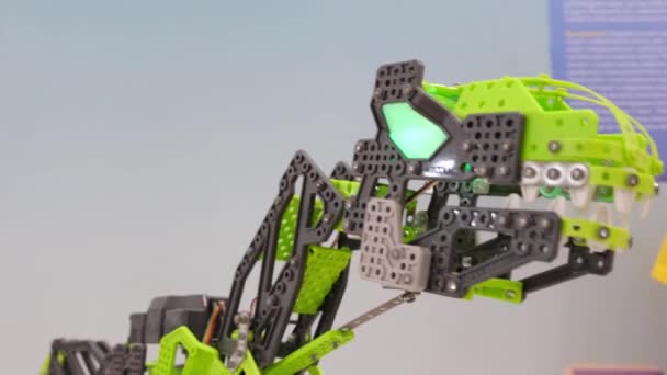 Robô dinossauro na exposição. Inteligência artificial, tecnologias modernas. — Vídeo de Stock