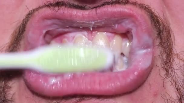 Крупним планом чоловік з щетиною чистить зуби вранці зубною щіткою . — стокове відео
