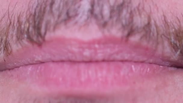 Bearded man shows white straight teeth. Male mouth close up. — Stock Video