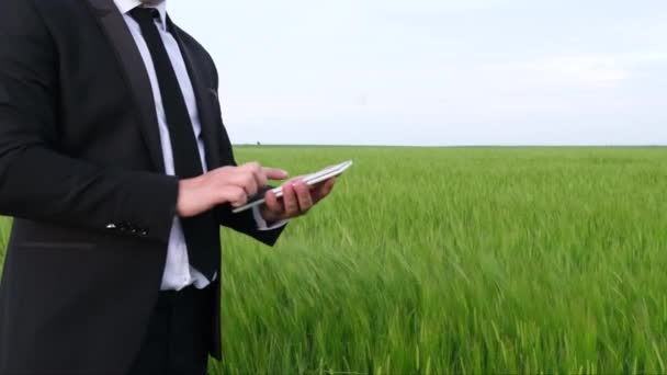 青小麦田里穿西装的商人使用平板电脑. — 图库视频影像