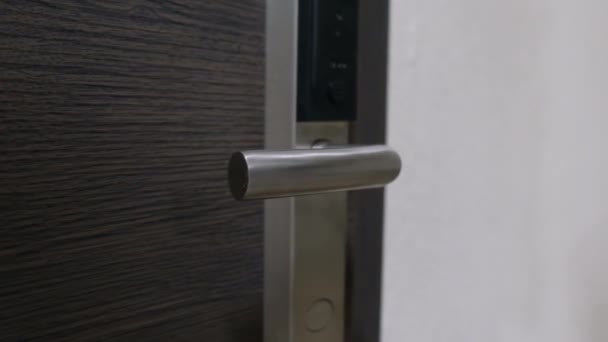 Un uomo prende una maniglia di porta lucida e apre una bella porta moderna. — Video Stock