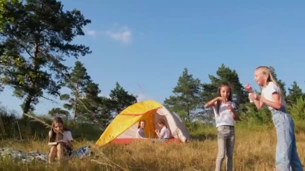 Děti tráví letní prázdniny ve stanovém táboře. — Stock video