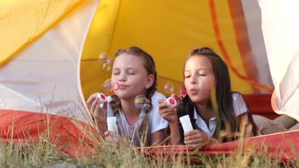 Les filles laissent les bulles de savon dans le parc d'été. — Video