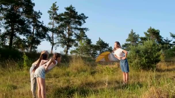 Morgengymnastik in einem Schulcamp in der Natur. Zelten im Freien. — Stockvideo