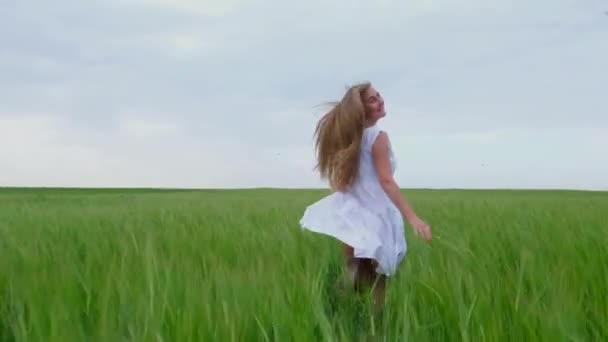 Flickan springer över ett vetefält. Lycklig tjej på fältet. Frihetsbegreppet. — Stockvideo