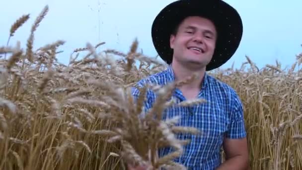 Moderno agricultor europeo en un campo de trigo - agricultura — Vídeo de stock