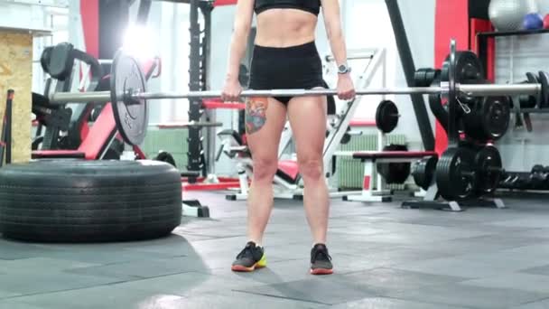 Handsome Muscular woman Does Deadlift and Curls with a Heavy Barbell. — Stok Video