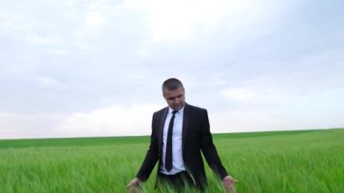 Bir çiftçi buğday tarlasında yürür ve hasadı kontrol eder.. 