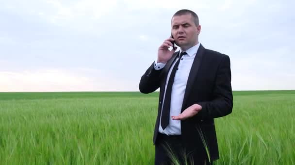 Hombre de negocios hablando por teléfono en el campo. las empresas agrícolas. — Vídeo de stock