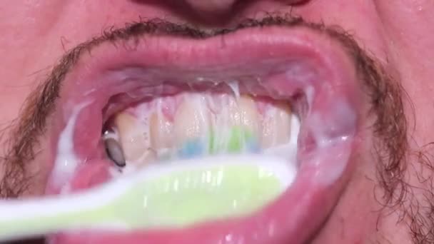 Чистка зубів макрозйомка. Догляд за чистотою ротової порожнини . — стокове відео