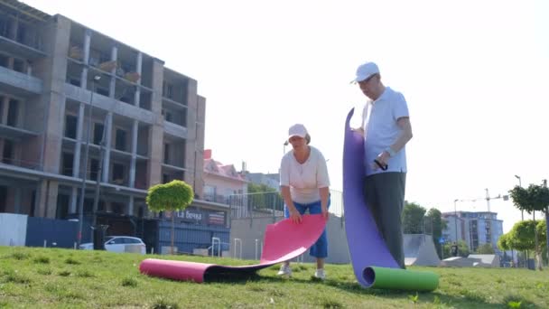 Sabah parkında emeklilerden oluşan bir aile, ücret almak için paspas seriyor, yaşlılar yoga yapıyor. — Stok video