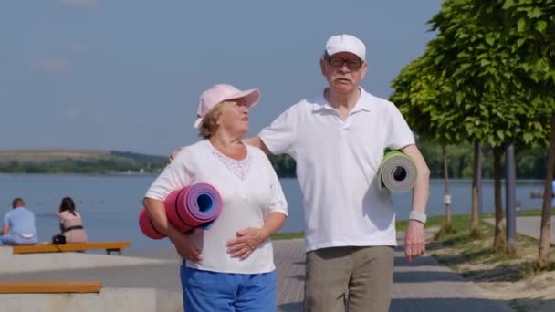 Los abuelos salen a hacer ejercicio matutino y hablan entre ellos. — Vídeos de Stock