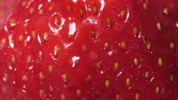 Drop of water dripping on a large ripe strawberries. Macro photography. — Stock Video